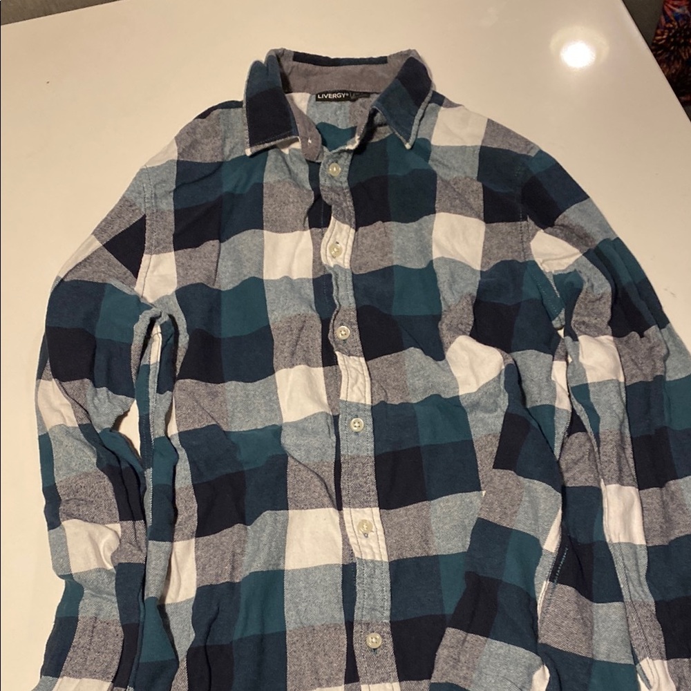 Livergy Men's Casual Plaid Flannel Shirt - Blue, Green, and White